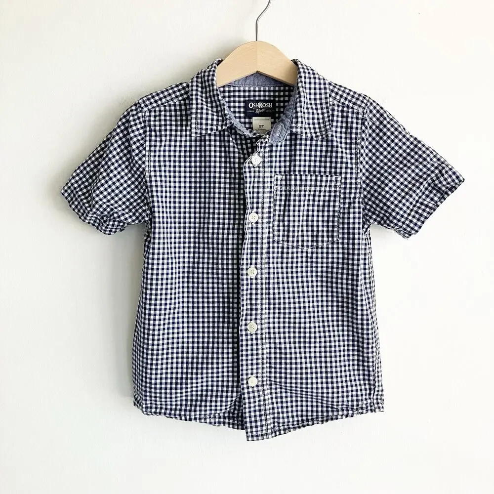 OshKosh Bgosh Gingham Shirt Boys Sz 5T Button Front Short Sleeve Navy Blue 5
